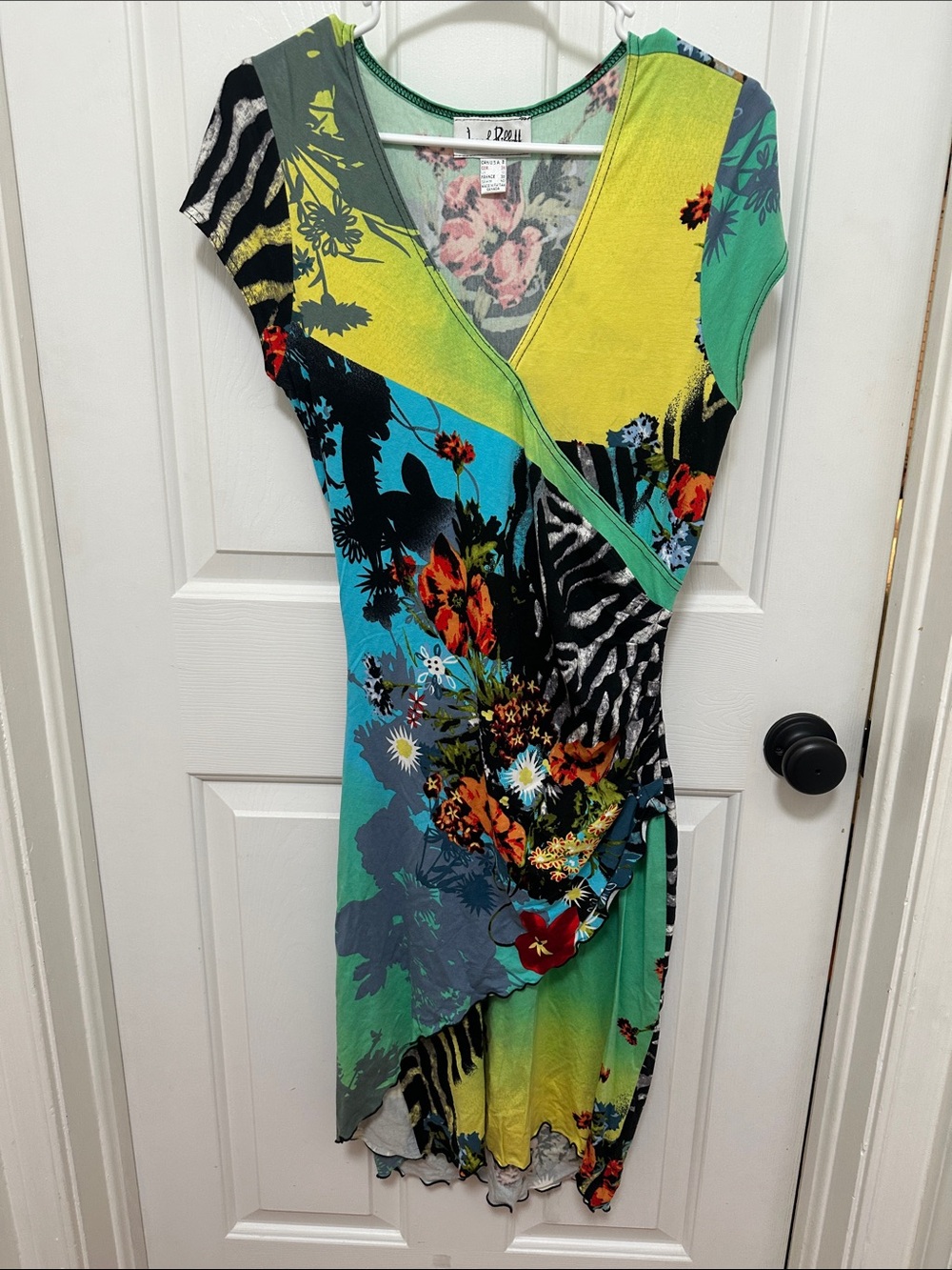 0149 Joseph Ribkoff Multicolor Floral & Zebra Wrap Midi Dress size 8